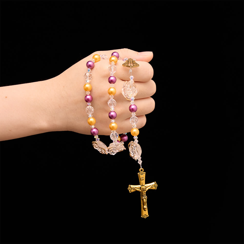 Molded Camellia Acrylic Rosary With Gilded Crucifix & Our Lady of Aparecida Filigree Medallion