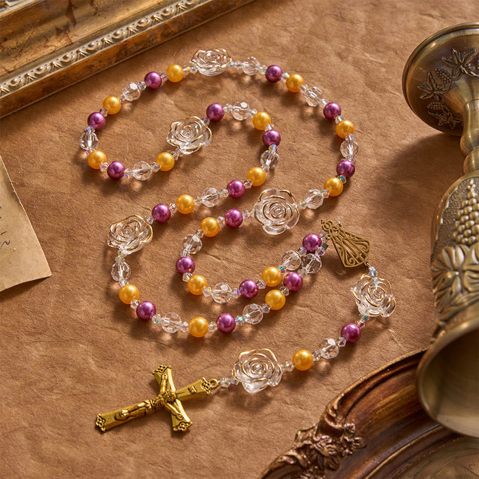 Molded Camellia Acrylic Rosary With Gilded Crucifix & Our Lady of Aparecida Filigree Medallion