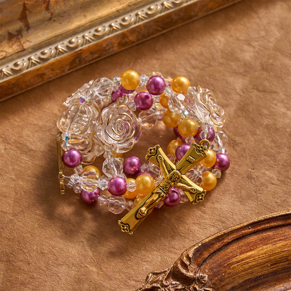 Molded Camellia Acrylic Rosary With Gilded Crucifix & Our Lady of Aparecida Filigree Medallion