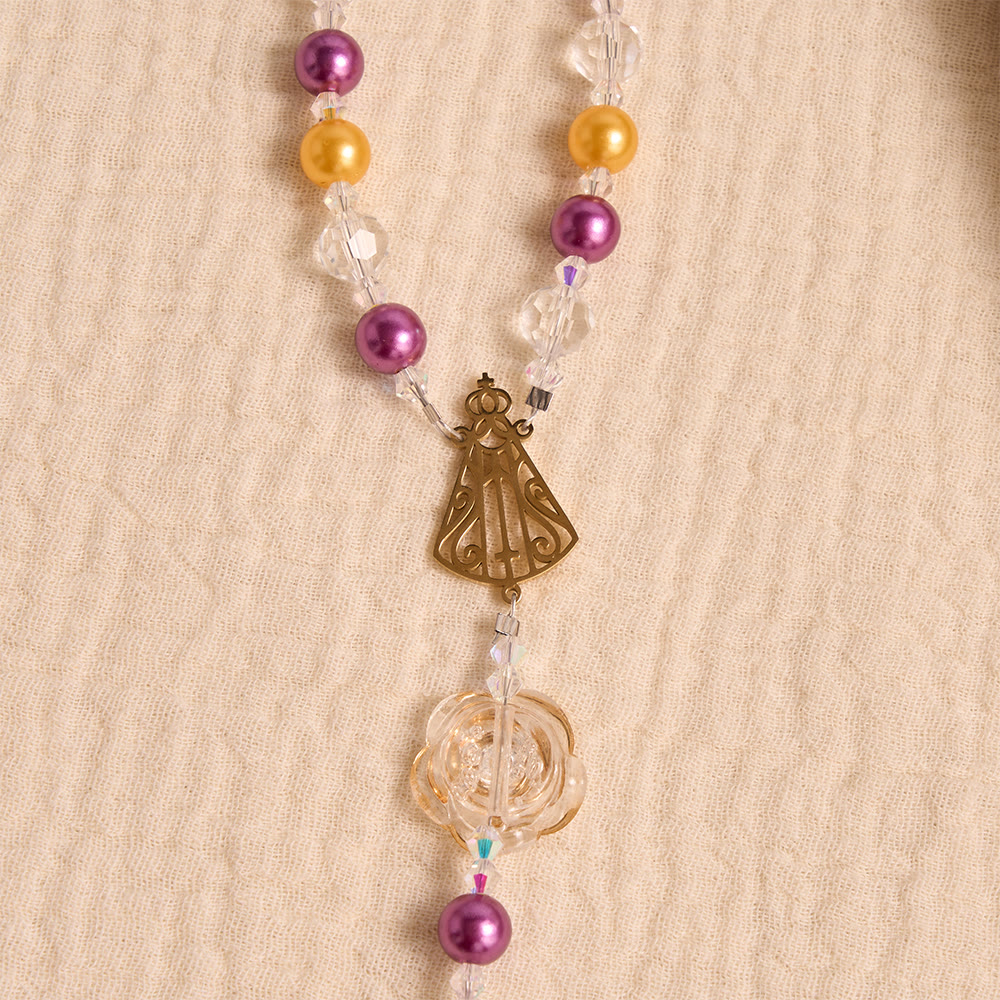 Molded Camellia Acrylic Rosary With Gilded Crucifix & Our Lady of Aparecida Filigree Medallion