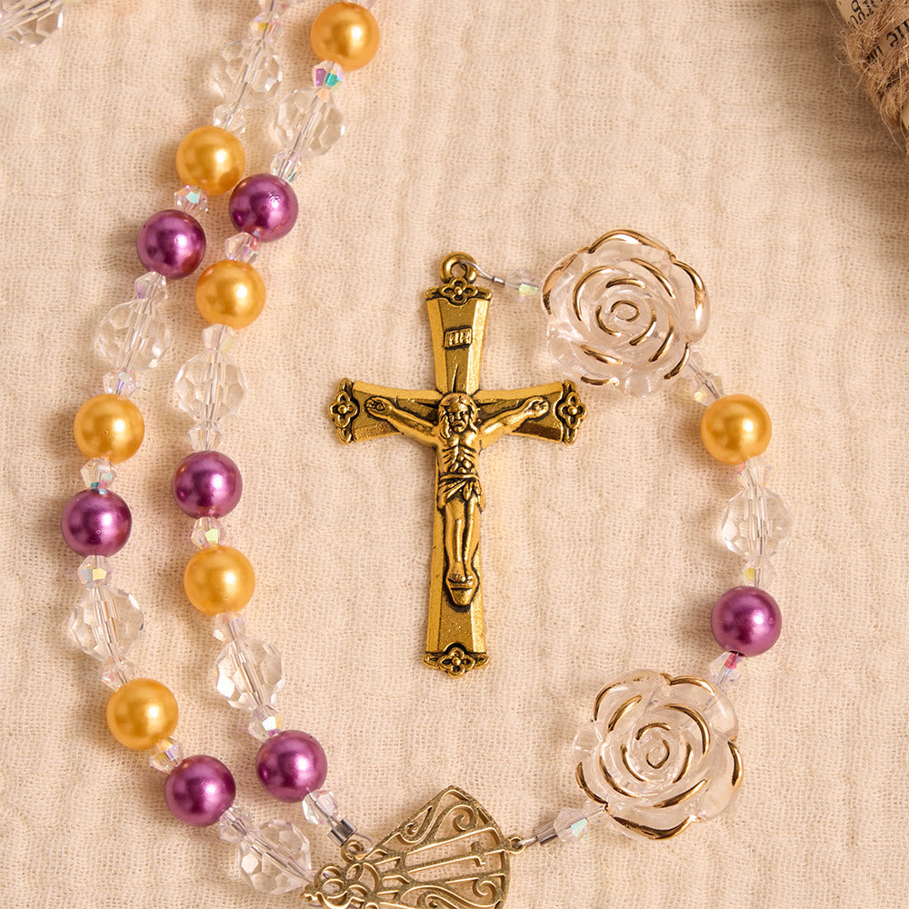 Molded Camellia Acrylic Rosary With Gilded Crucifix & Our Lady of Aparecida Filigree Medallion