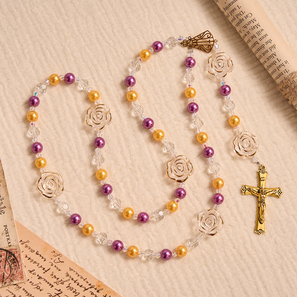 Molded Camellia Acrylic Rosary With Gilded Crucifix & Our Lady of Aparecida Filigree Medallion