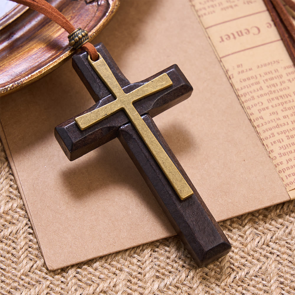 Minimalist Inlaid Metal Solid Wooden Cross Suede Cord Necklace: Emblem of Steadfast Heavenly Shelter