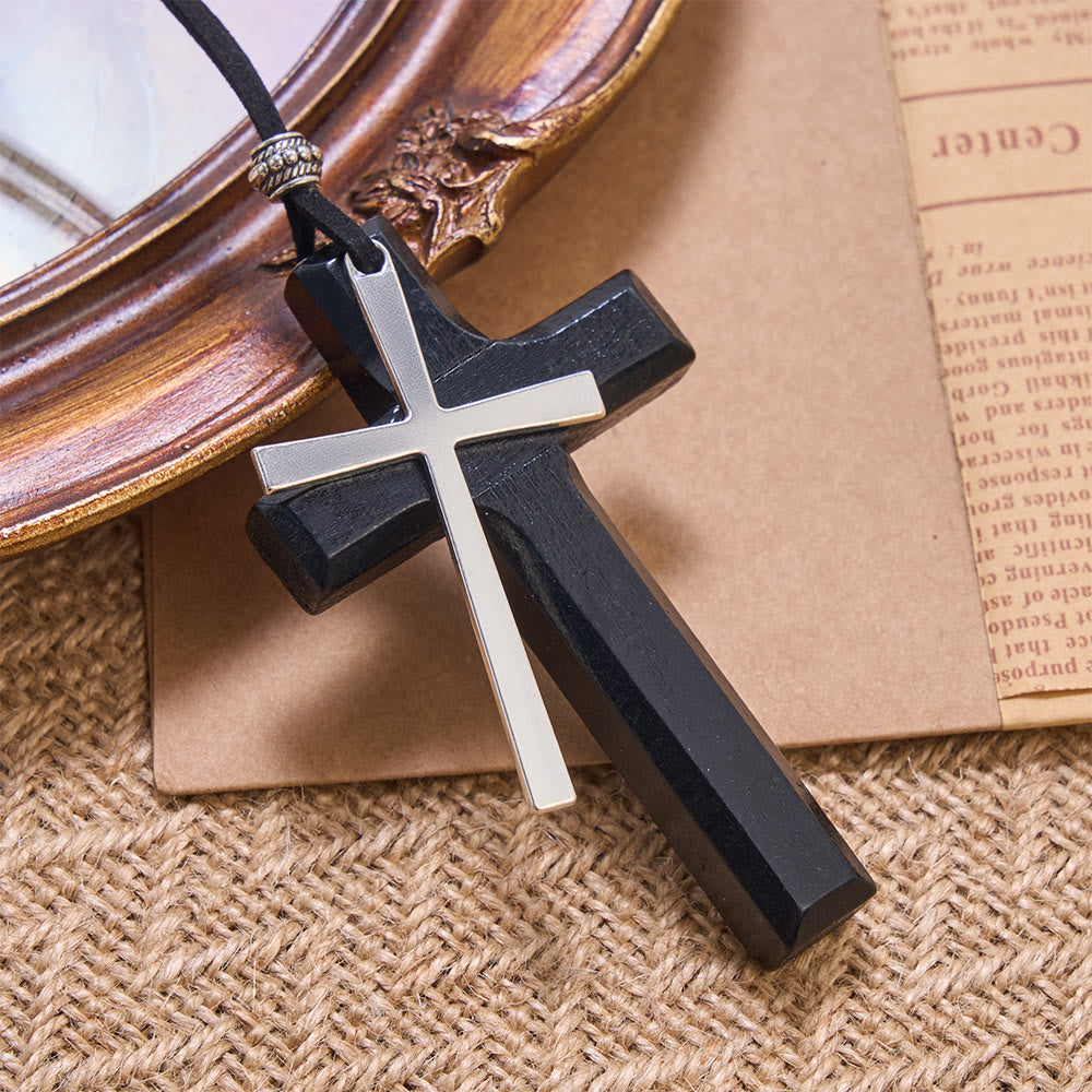 Minimalist Inlaid Metal Solid Wooden Cross Suede Cord Necklace: Emblem of Steadfast Heavenly Shelter