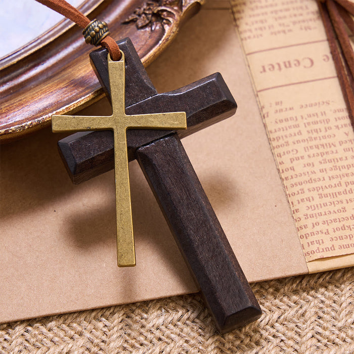 Minimalist Inlaid Metal Solid Wooden Cross Suede Cord Necklace: Emblem of Steadfast Heavenly Shelter