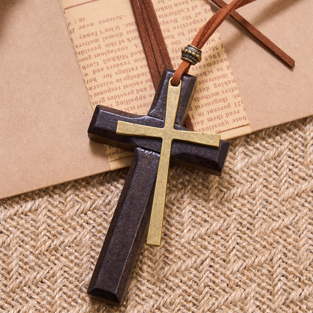 Minimalist Inlaid Metal Solid Wooden Cross Suede Cord Necklace: Emblem of Steadfast Heavenly Shelter