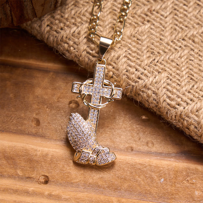 Full Pavé Crystal Thorn Cross Prayer Hands Figaro Chain Necklace: Emblem of Merciful Heavenly Redemption