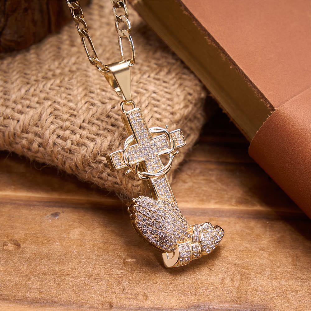 Full Pavé Crystal Thorn Cross Prayer Hands Figaro Chain Necklace: Emblem of Merciful Heavenly Redemption