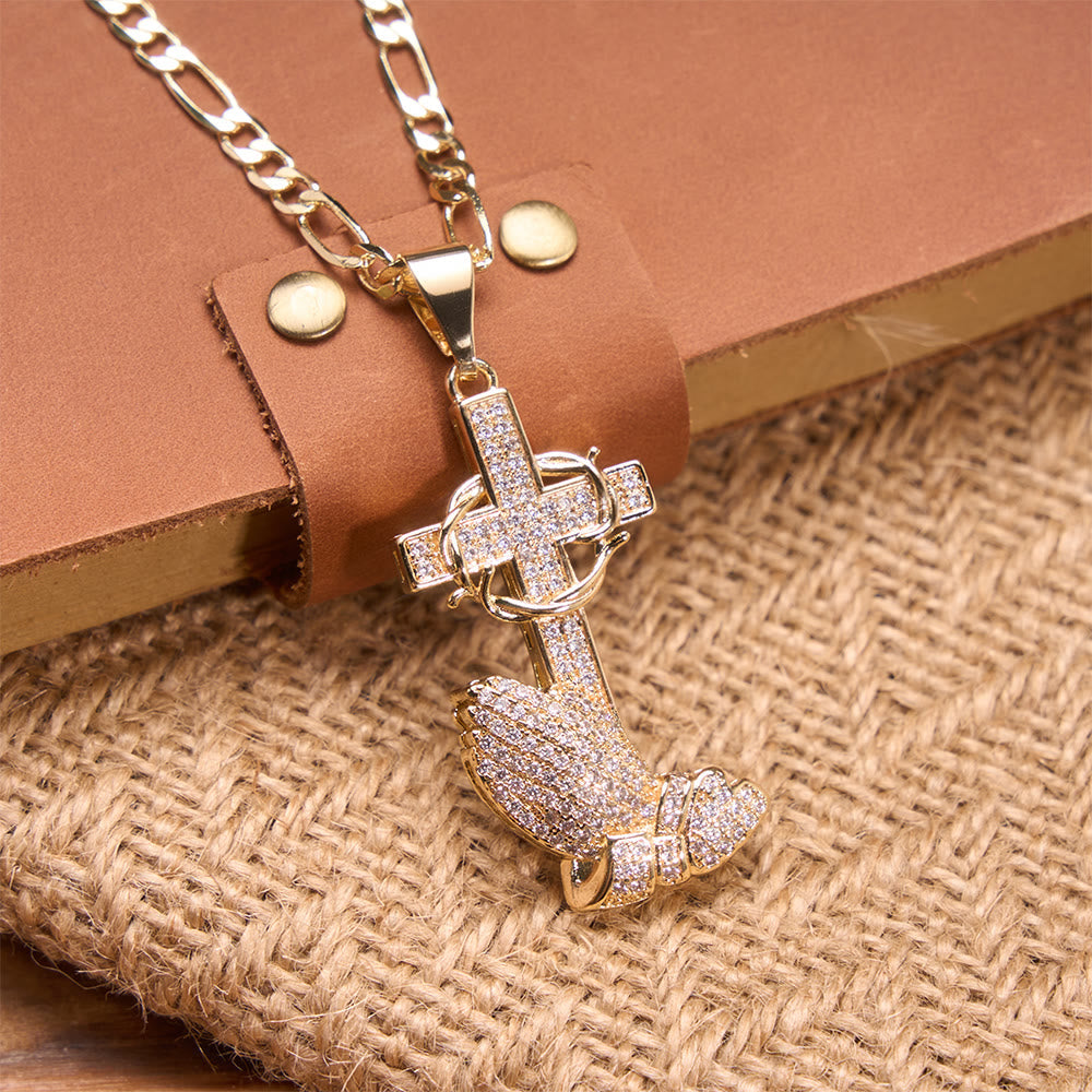 Full Pavé Crystal Thorn Cross Prayer Hands Figaro Chain Necklace: Emblem of Merciful Heavenly Redemption