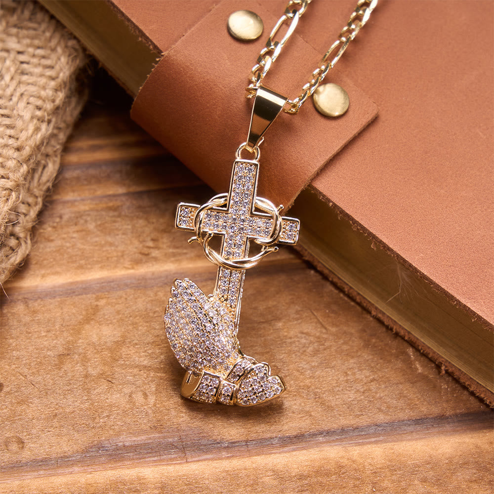 Full Pavé Crystal Thorn Cross Prayer Hands Figaro Chain Necklace: Emblem of Merciful Heavenly Redemption