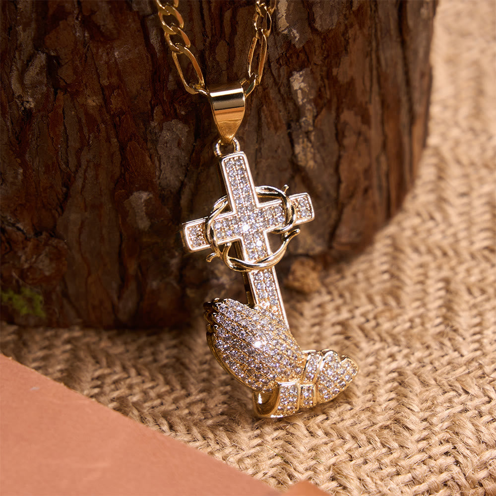 Full Pavé Crystal Thorn Cross Prayer Hands Figaro Chain Necklace: Emblem of Merciful Heavenly Redemption
