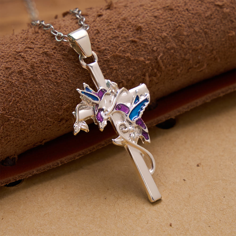 Hand Enamel Hummingbird Wrapped Slim Cross Chain Necklace: Emblem of Gentle Heavenly Blessing