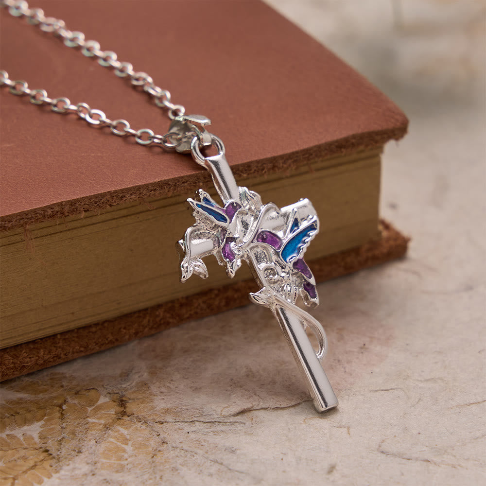 Hand Enamel Hummingbird Wrapped Slim Cross Chain Necklace: Emblem of Gentle Heavenly Blessing