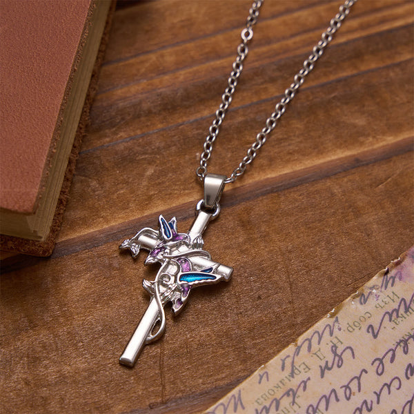 Hand Enamel Hummingbird Wrapped Slim Cross Chain Necklace: Emblem of Gentle Heavenly Blessing