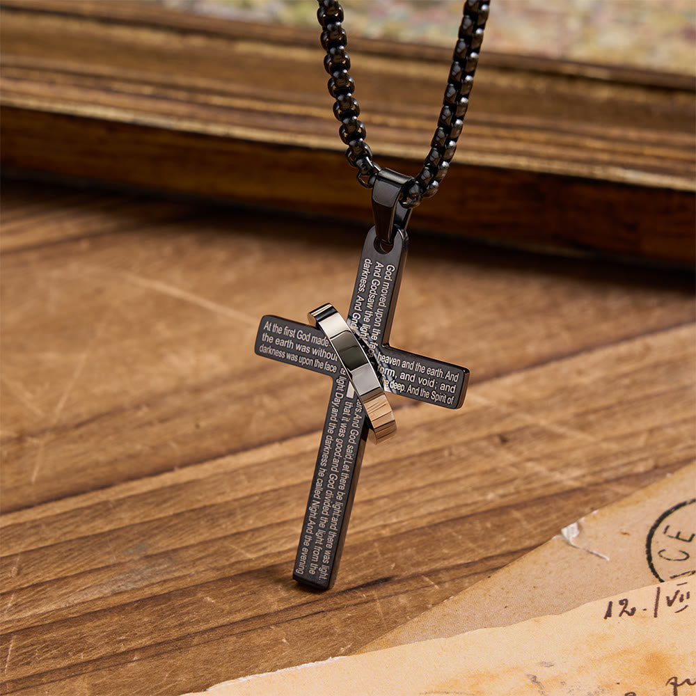 Ring Wrapped Laser Scripture Titanium Steel Cross Box Chain Necklace: Emblem of Everlasting Heavenly Promise