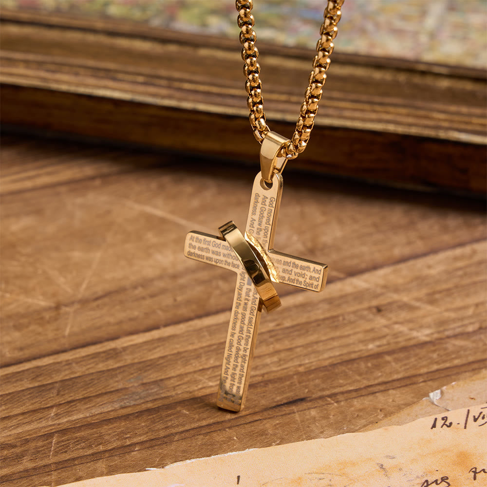 Ring Wrapped Laser Scripture Titanium Steel Cross Box Chain Necklace: Emblem of Everlasting Heavenly Promise