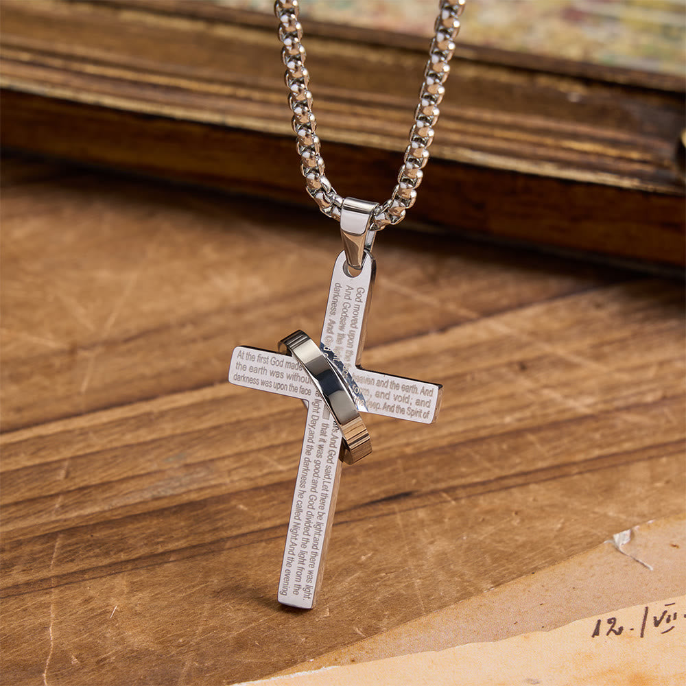 Ring Wrapped Laser Scripture Titanium Steel Cross Box Chain Necklace: Emblem of Everlasting Heavenly Promise