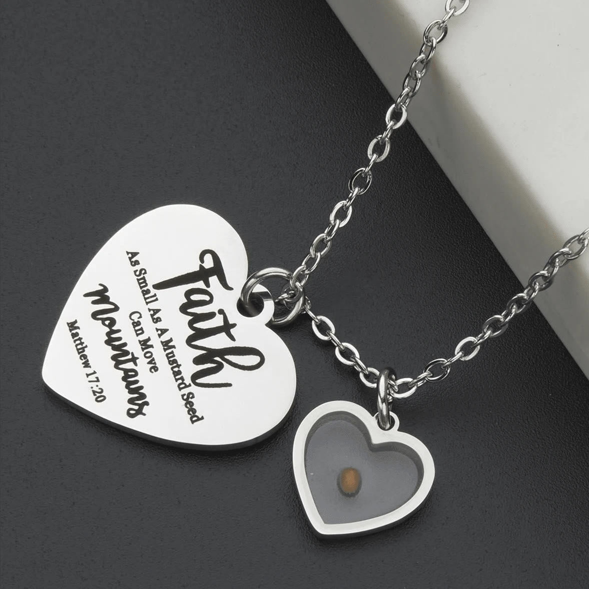 Dual Heart Locket Mustard Seed Matthew 17:20 Scripture Necklace: Emblem of Mighty Unwavering Faith