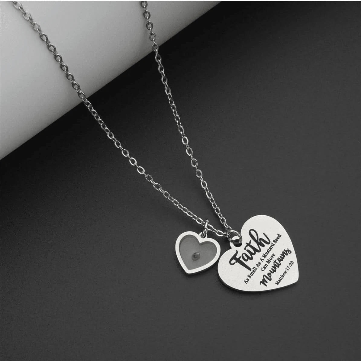 Dual Heart Locket Mustard Seed Matthew 17:20 Scripture Necklace: Emblem of Mighty Unwavering Faith