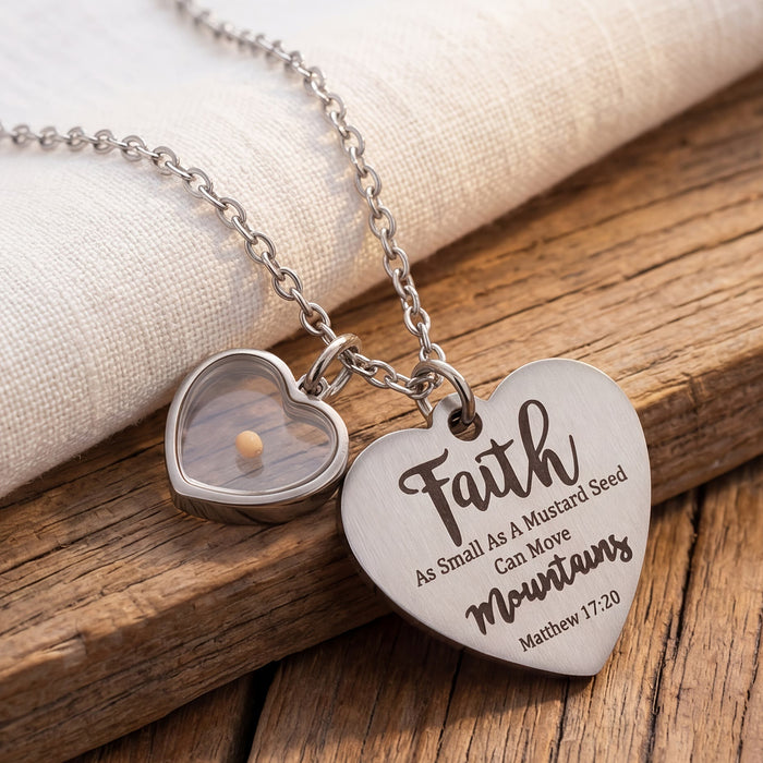 Dual Heart Locket Mustard Seed Matthew 17:20 Scripture Necklace: Emblem of Mighty Unwavering Faith