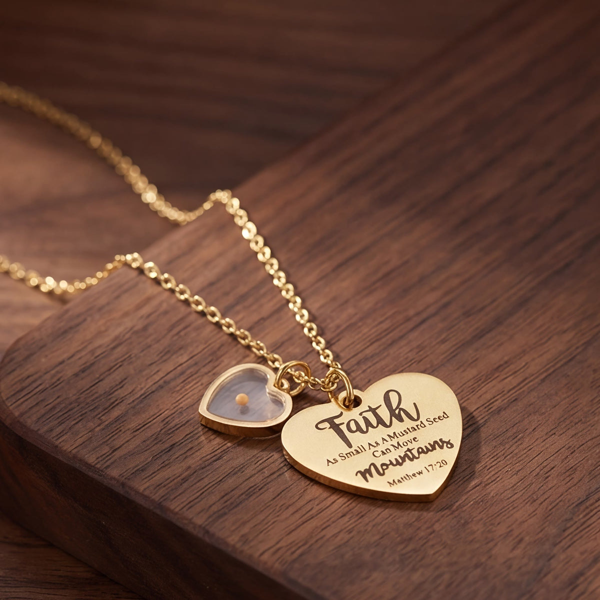 Dual Heart Locket Mustard Seed Matthew 17:20 Scripture Necklace: Emblem of Mighty Unwavering Faith