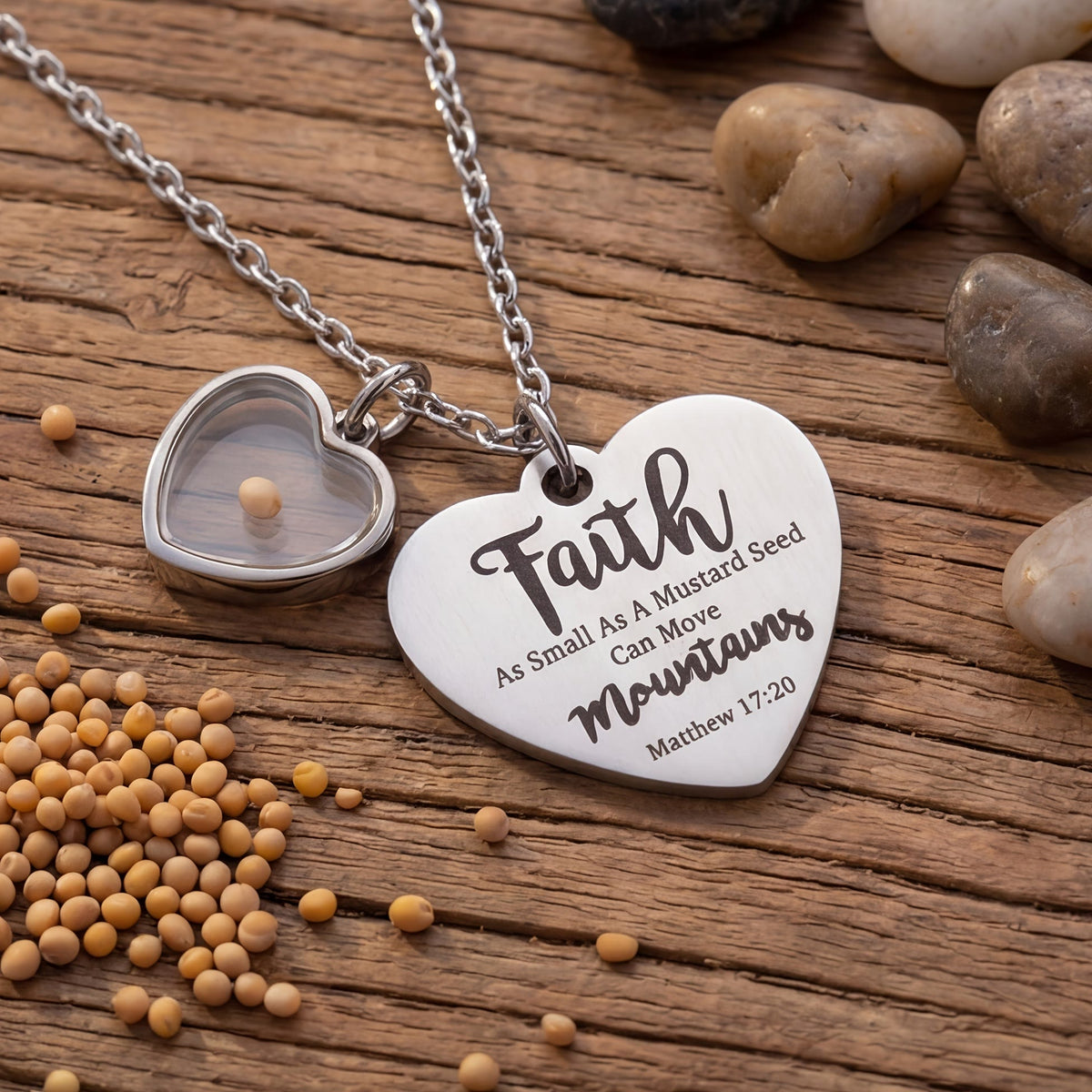 Dual Heart Locket Mustard Seed Matthew 17:20 Scripture Necklace: Emblem of Mighty Unwavering Faith