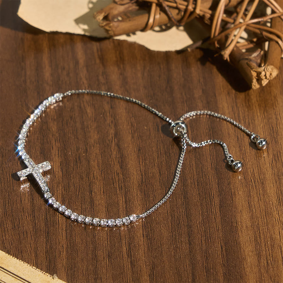 Full Pavé Sparkling Zircon Cross Pull Adjustable Tennis Bracelet: Emblem of Radiant Heavenly Guidance