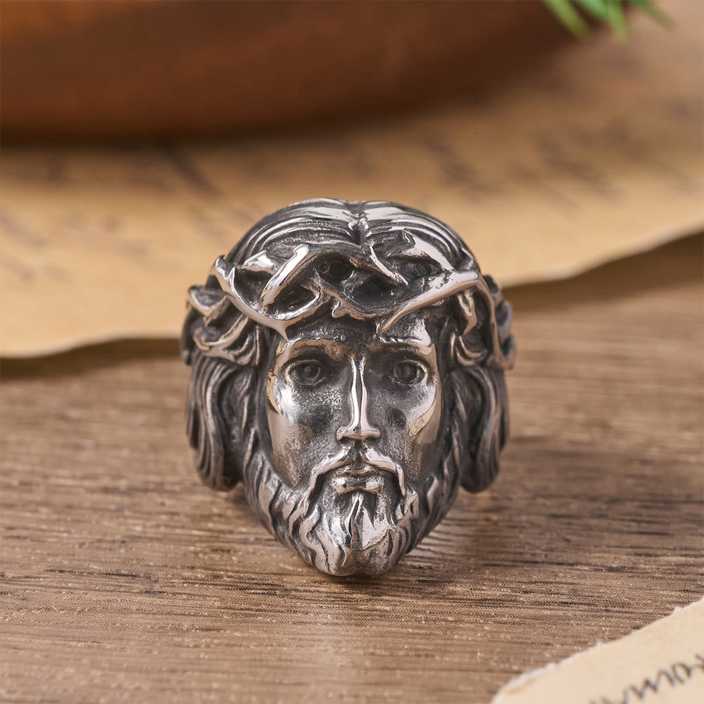 Solid Relief Crown of Thorns Holy Portrait Two-Tone Metal Statement Ring: Emblem of Boundless Heavenly Mercy