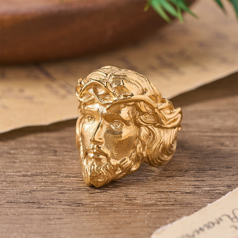 Solid Relief Crown of Thorns Holy Portrait Two-Tone Metal Statement Ring: Emblem of Boundless Heavenly Mercy
