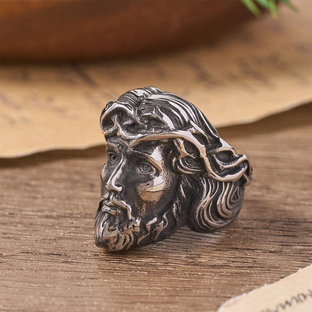 Solid Relief Crown of Thorns Holy Portrait Two-Tone Metal Statement Ring: Emblem of Boundless Heavenly Mercy