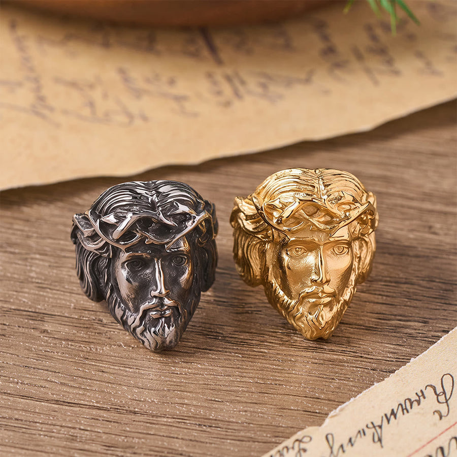 Solid Relief Crown of Thorns Holy Portrait Two-Tone Metal Statement Ring: Emblem of Boundless Heavenly Mercy
