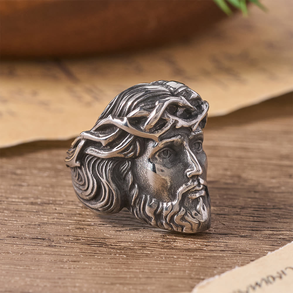 Solid Relief Crown of Thorns Holy Portrait Two-Tone Metal Statement Ring: Emblem of Boundless Heavenly Mercy