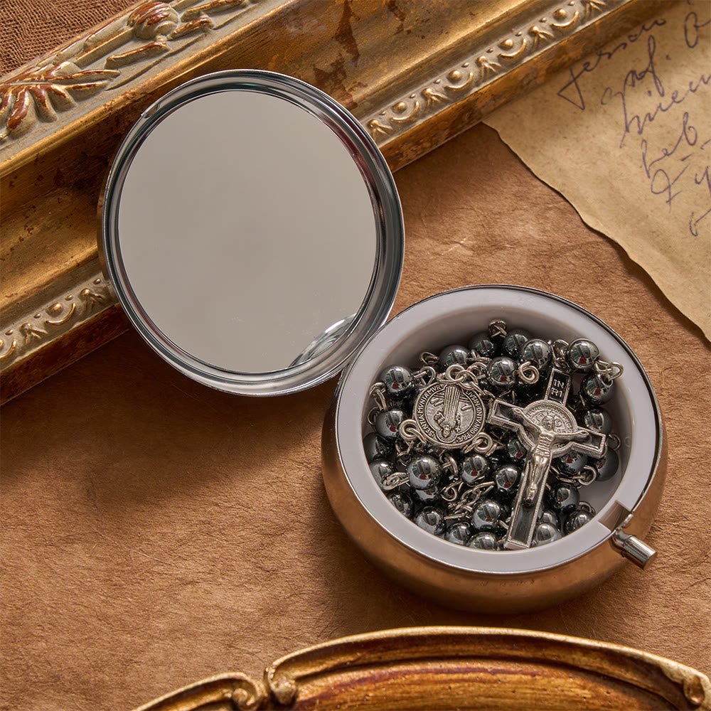 Portable Saint Benedict Hematite Rosary With Engraved Metal Storage Case
