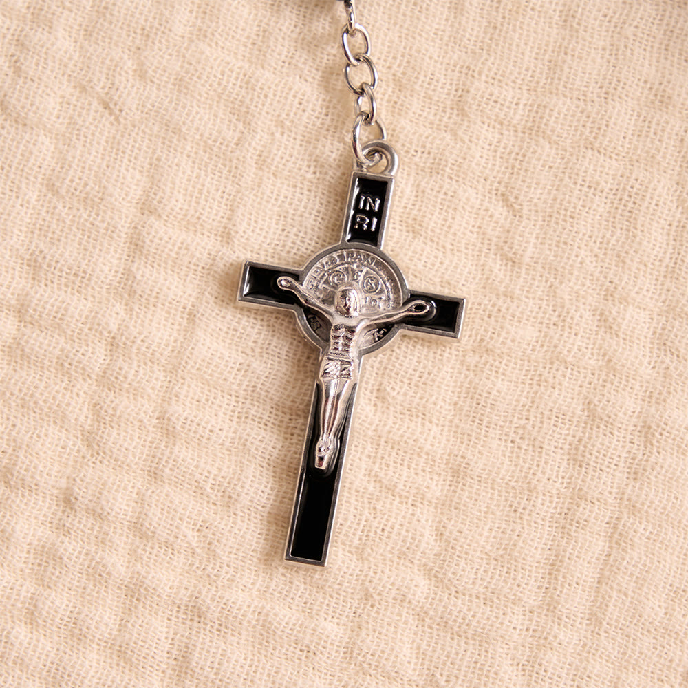 Portable Saint Benedict Hematite Rosary With Engraved Metal Storage Case