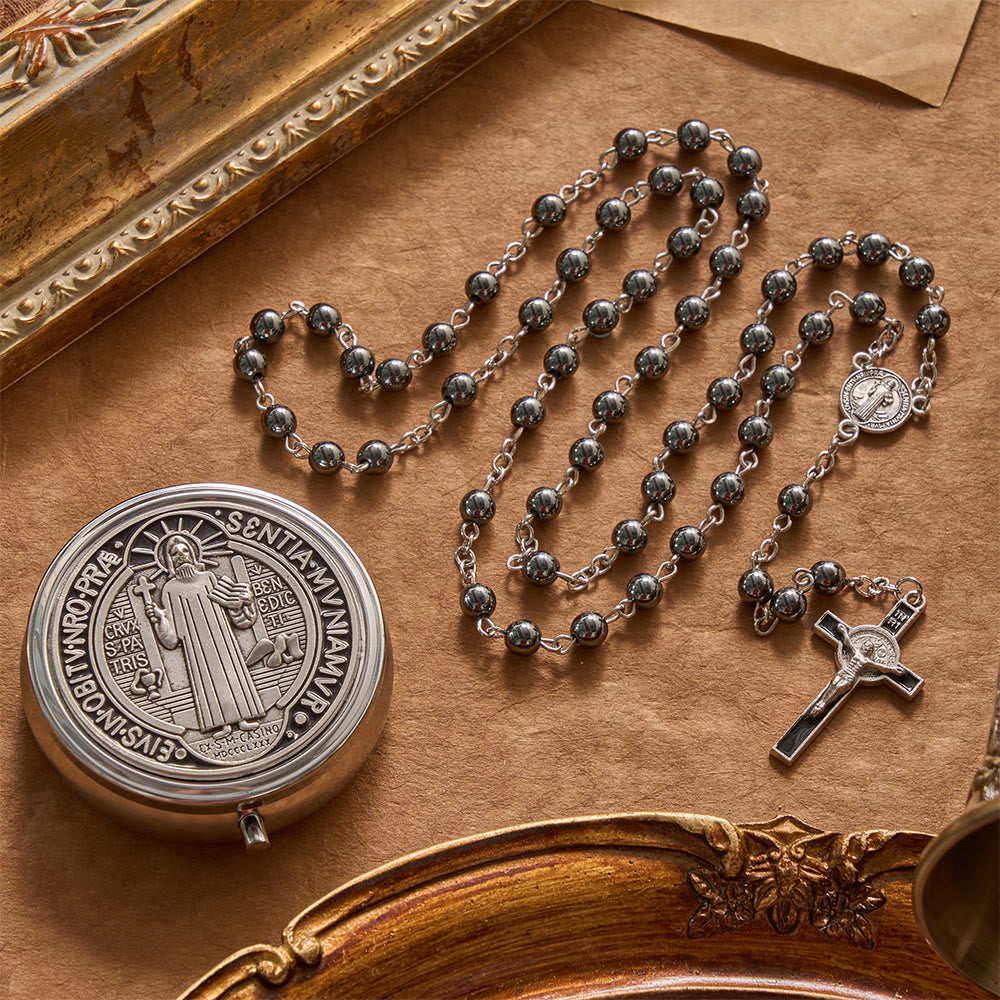 Portable Saint Benedict Hematite Rosary With Engraved Metal Storage Case