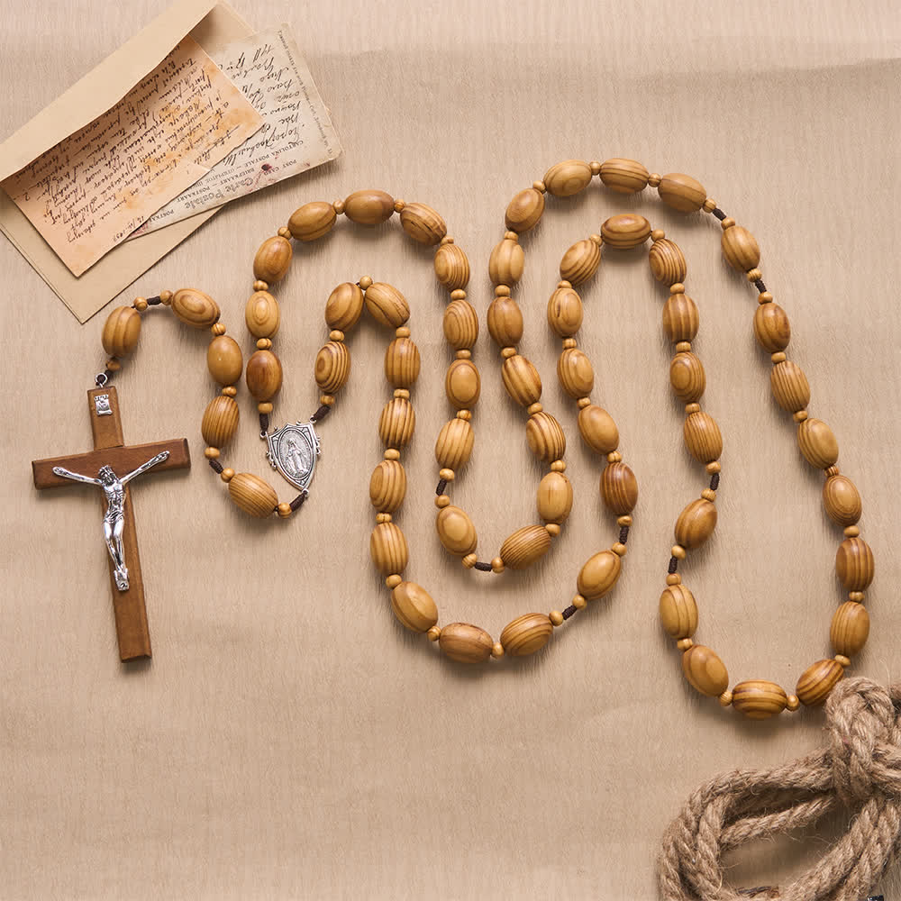 Hand Sanded Natural Pine Timber Wall Rosary With Our Lady