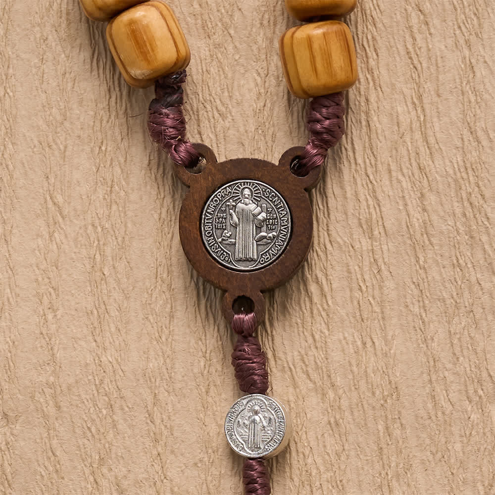 Natural Grain Barrel Timber Bead Knotted Cord Rosary With Mini Saint Benedict Medallions