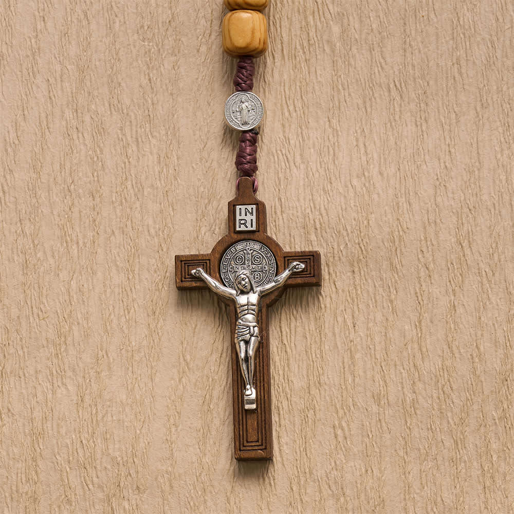 Natural Grain Barrel Timber Bead Knotted Cord Rosary With Mini Saint Benedict Medallions