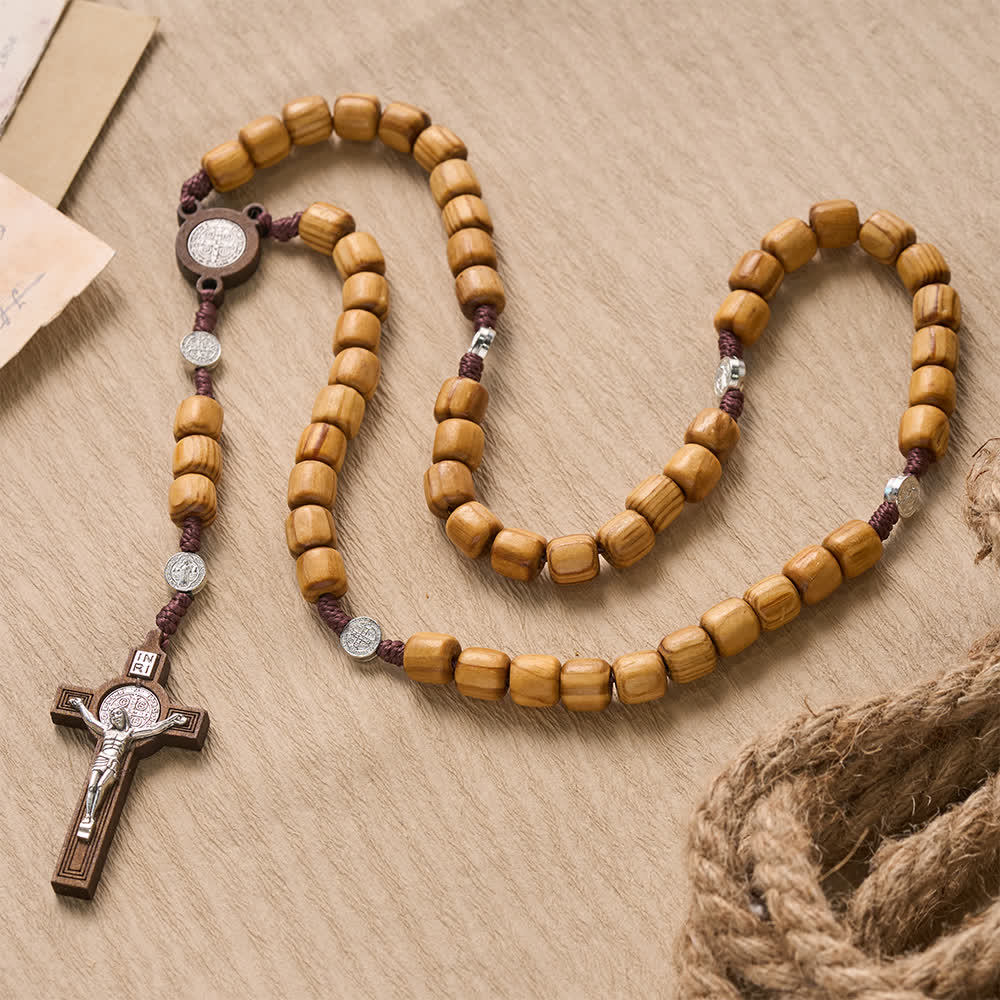Natural Grain Barrel Timber Bead Knotted Cord Rosary With Mini Saint Benedict Medallions
