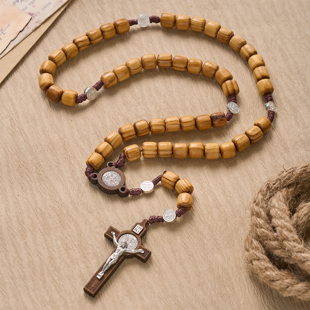 Natural Grain Barrel Timber Bead Knotted Cord Rosary With Mini Saint Benedict Medallions