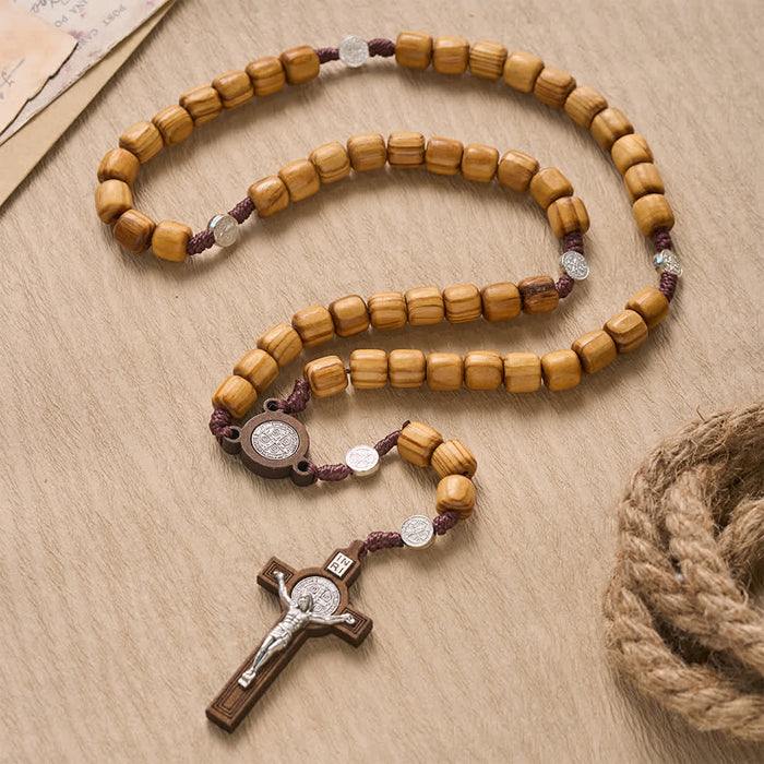 Natural Grain Barrel Timber Bead Knotted Cord Rosary With Mini Saint Benedict Medallions