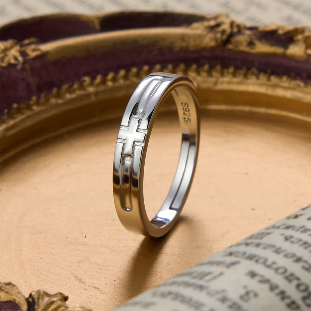 Dual Style Cross Sterling Silver Adjustable Couple Ring Set: Emblem of Unified Heavenly Covenant