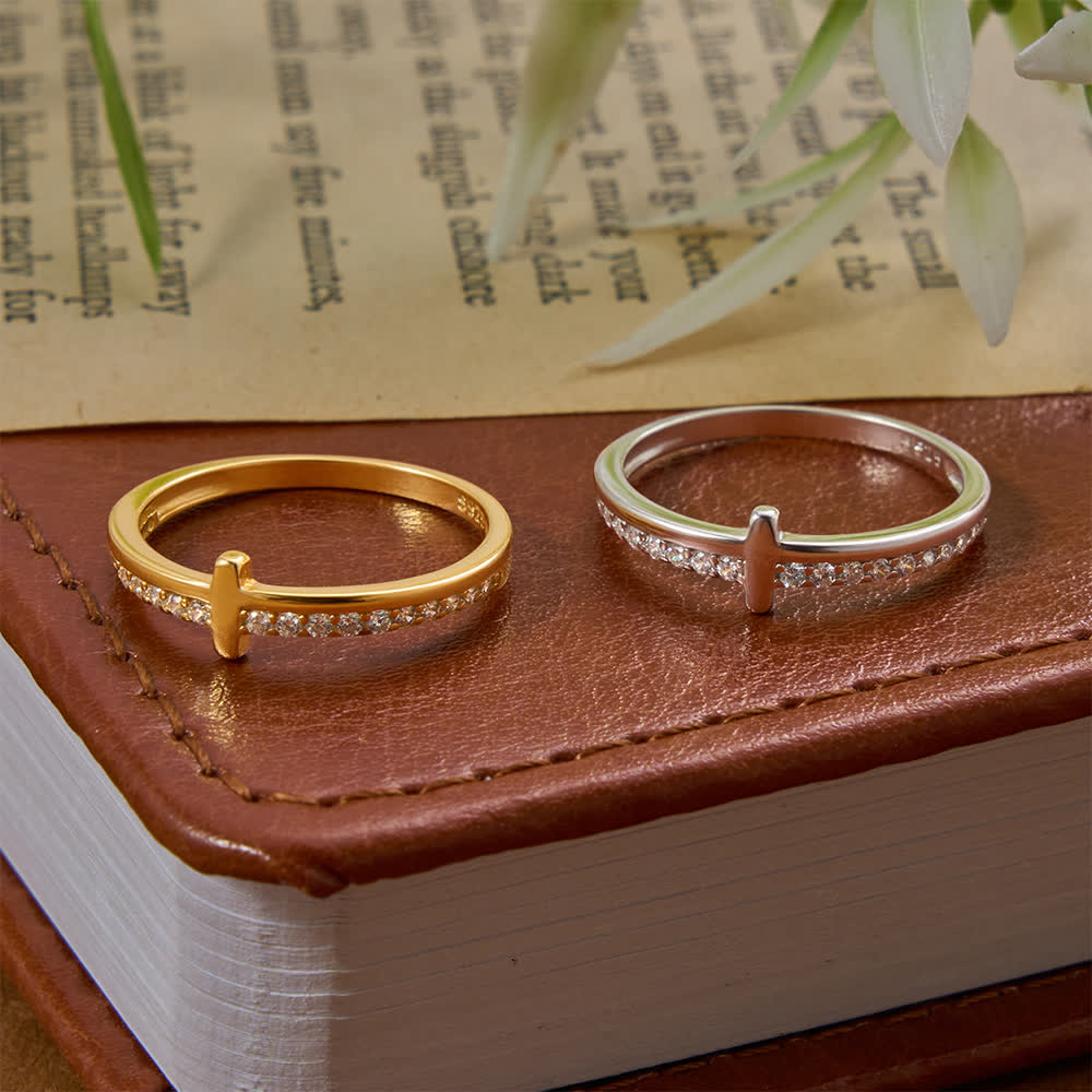 Dainty Side Raised Cross Half Pavé Zircon Sterling Silver Slim Band Ring: Emblem of Gentle Heavenly Guidance