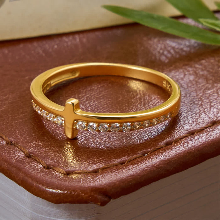 Dainty Side Raised Cross Half Pavé Zircon Sterling Silver Slim Band Ring: Emblem of Gentle Heavenly Guidance
