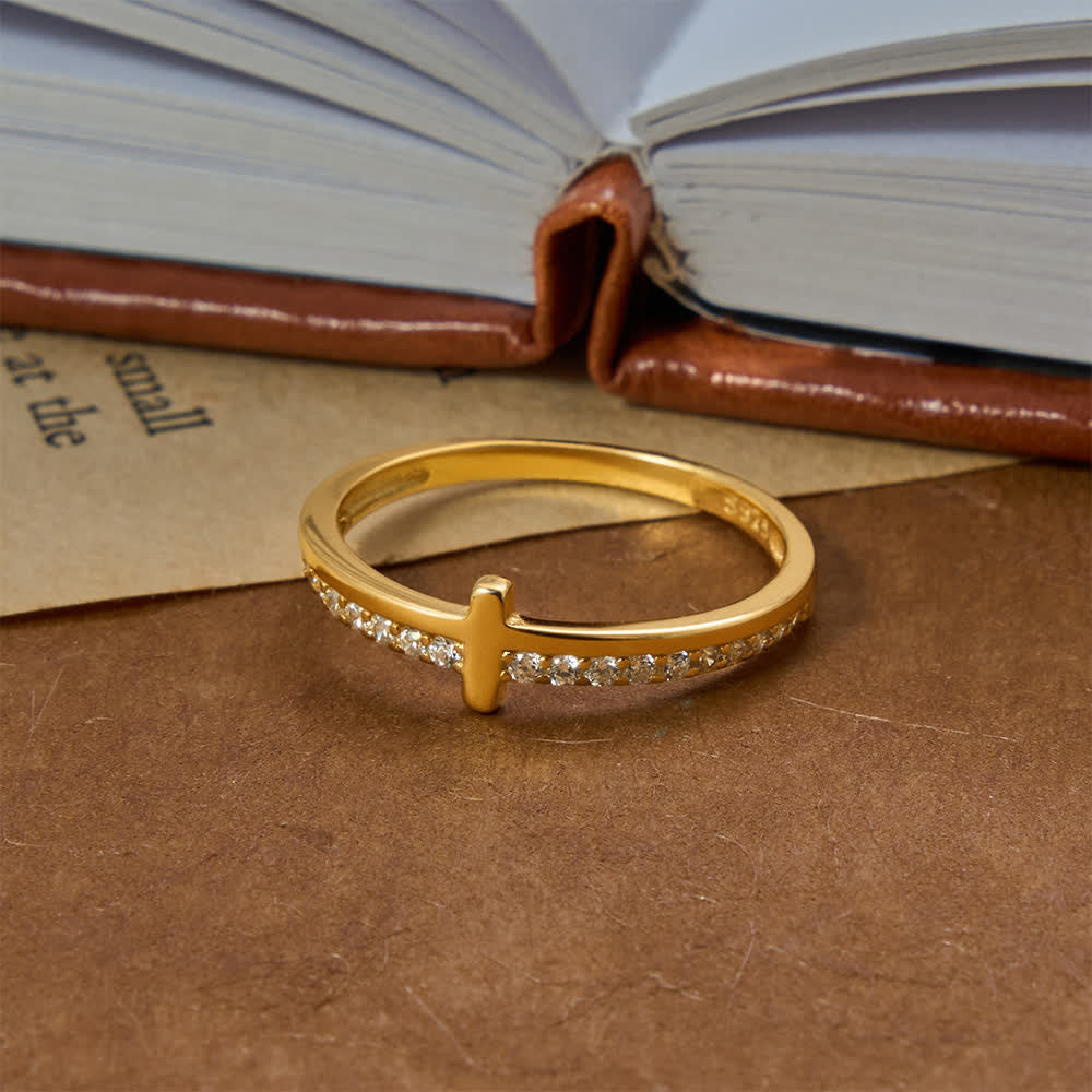 Dainty Side Raised Cross Half Pavé Zircon Sterling Silver Slim Band Ring: Emblem of Gentle Heavenly Guidance