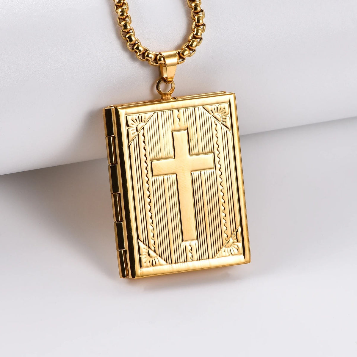 Hinged Book Locket Jesus Cross Pendant Necklace