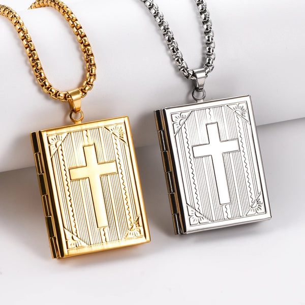 Hinged Book Locket Jesus Cross Pendant Necklace