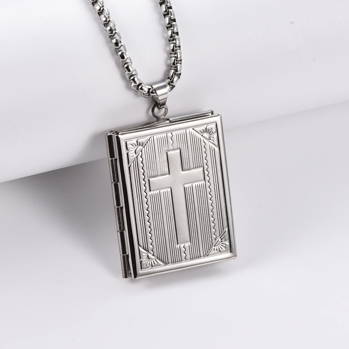 Hinged Book Locket Jesus Cross Pendant Necklace