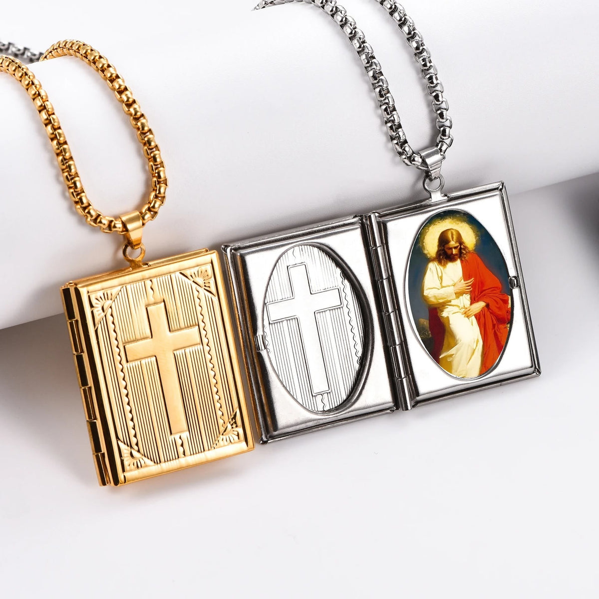 Hinged Book Locket Jesus Cross Pendant Necklace