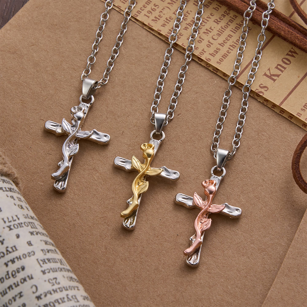 Rose Vine Cross Alloy Pendant Necklace